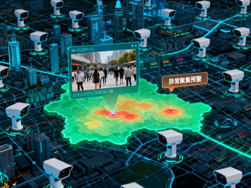 平安城市监控系统界面，城市电子地图上密布摄像头图标，点击任意图标即可弹出该点位实时画面，系统自动标注人流热力图和异常聚集预警。