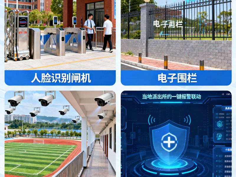 校园安防系统示意图，校门口部署人脸识别闸机，围墙周界设置电子围栏，操场和走廊的摄像头覆盖无死角，系统与当地派出所实现一键报警联动。