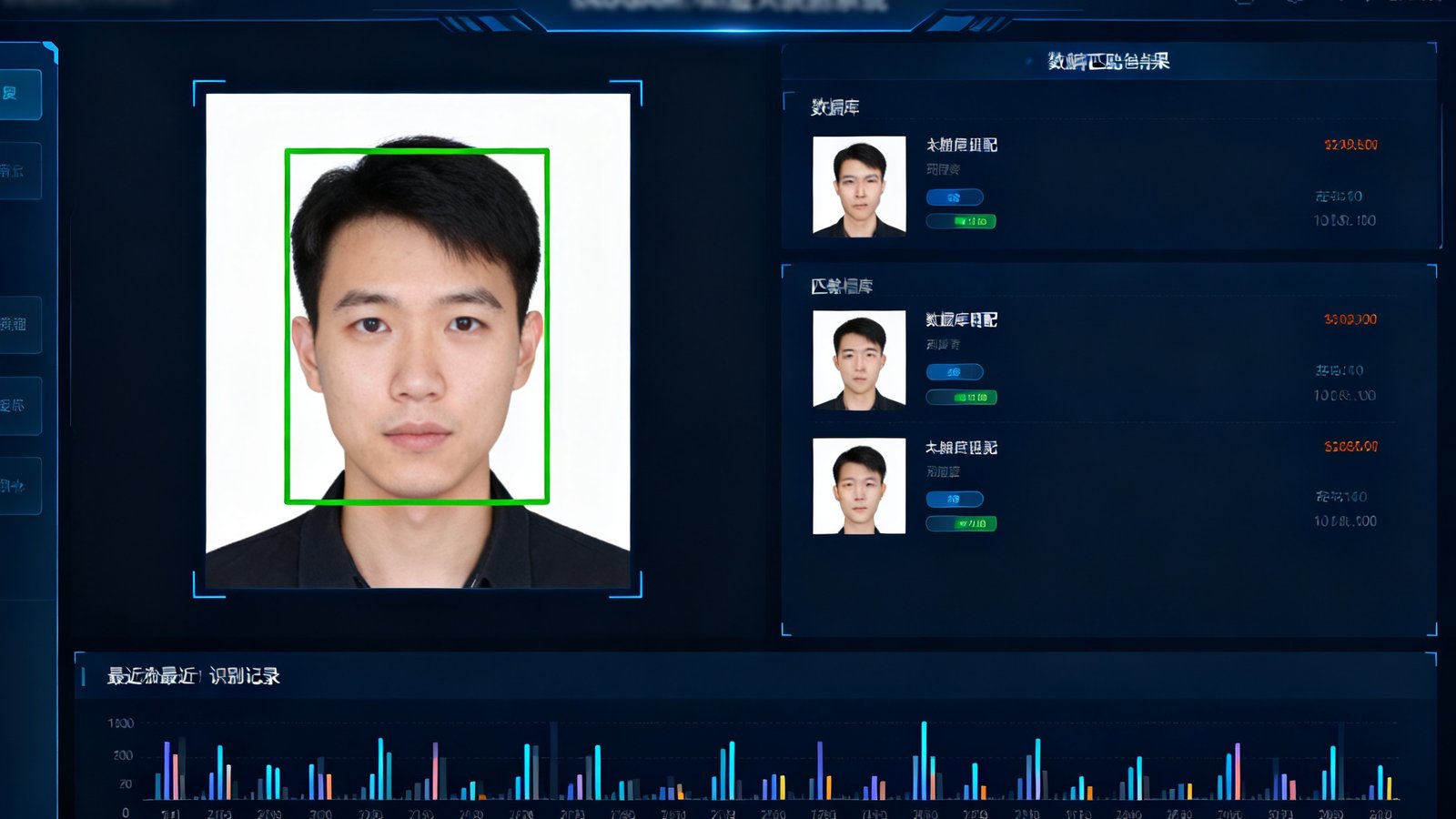 AGGAME AI人脸识别系统界面截图，左侧显示实时抓拍的人脸画面并被绿色方框标注，右侧展示数据库匹配结果及相似度评分，底部滚动显示最近的识别记录时间轴。