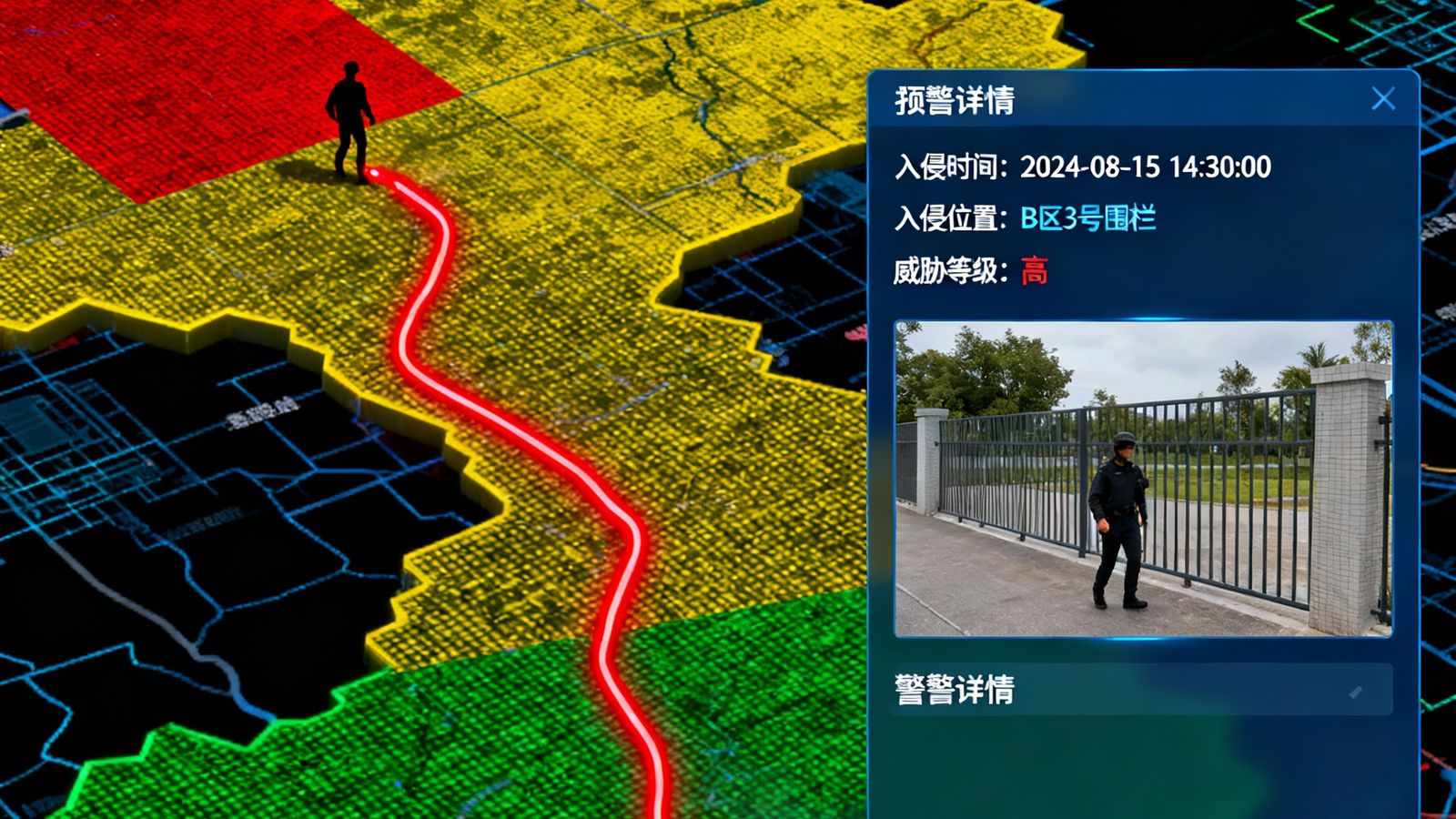 AGGAME周界入侵预警系统监控画面，电子地图上用红黄绿三色标注不同警戒区域，一条红色轨迹线显示入侵者移动路径，同时弹出实时抓拍画面和警报详情窗口。