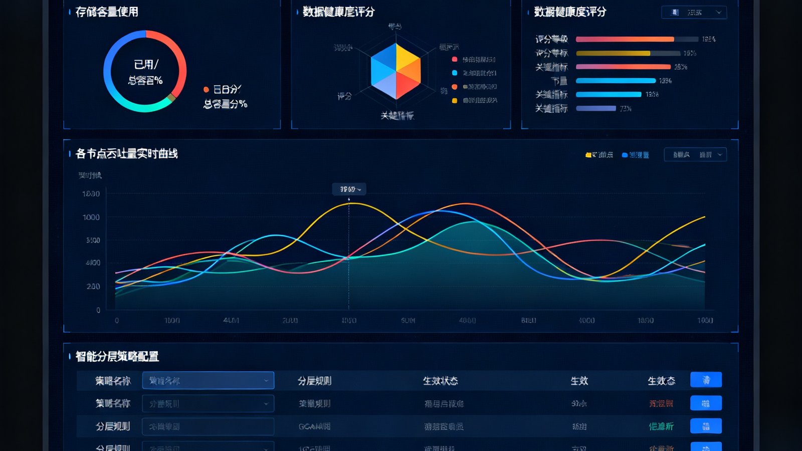 AGGAME视频云存储管理后台截图，展示存储容量使用仪表盘、数据健康度评分、各节点吞吐量实时曲线图，以及智能分层策略配置面板。