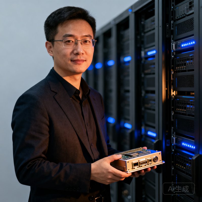 AGGAME联合创始人兼CTO刘思源的半身照，他站在服务器机柜前，手中拿着自主研发的AI编码器设备，神情专注而自信。