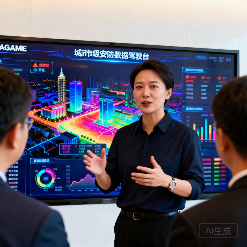 AGGAME副总裁林若涵的正面照，她正在向客户演示大数据可视化平台，身后大屏幕展示着城市级安防数据驾驶舱的绚丽界面。